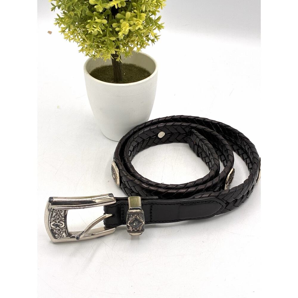 Brighton Black Braided Leather Belt Size M 30 Silver Engraved Concho Hardware